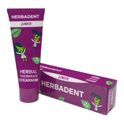 Miniaturka artykułu - HERBADENT Junior Ziołowa pasta do zęb&oacute;w z fluorem SPEARMINT 7+ 75g