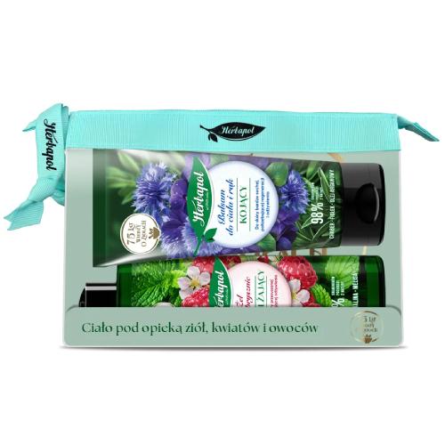 Miniaturka artykułu - Herbapol Zestaw z kosmetyczką: Nawilżający żel pod prysznic, 400 ml + Kojący balsam do ciała i rąk, 200 ml