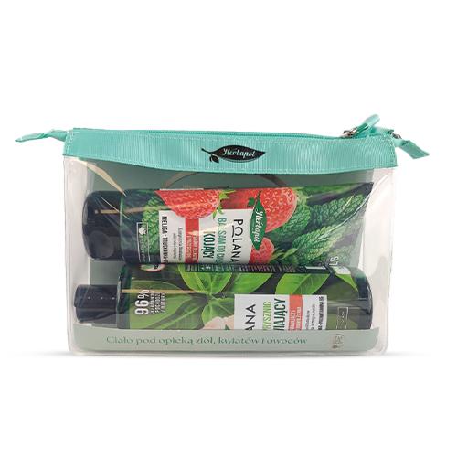 Miniaturka artykułu - HERBAPOL Zestaw w kosmetyczce: żel pod prysznic herbata z malwą, 400ml + balsam do ciała kojący z melisą i truskawką, 200ml