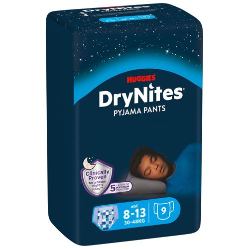 Miniaturka artykułu - HUGGIES DRYNITES BOYS 8-13lat (30-48kg) pieluchomajtki, 9 sztuk 