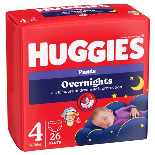Miniaturka artykułu - HUGGIES Pieluchomajtki Overnights Pants rozmiar 4 (9-14kg), 26szt.