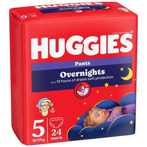 Miniaturka artykułu - HUGGIES Pieluchomajtki Overnights Pants rozmiar 5 (12-17kg), 24szt.