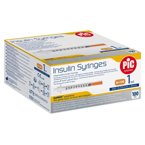 Miniaturka artykułu - PIC Insulin Syringes Jednorazowa strzykawka insulinowa 1 ml G30 0,30 mm x 8 mm, 100 szt.
