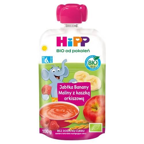 Miniaturka artykułu - HiPP BIO Mus owocowy ze zbożami jabłka banany maliny z kaszką orkiszową po 6. miesiącu, 100 g