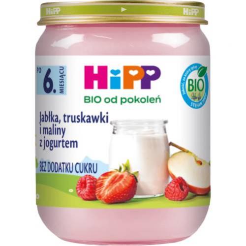 Miniaturka artykułu - HiPP Jabłka, truskawki i maliny z jogurtem BIO, 160 g