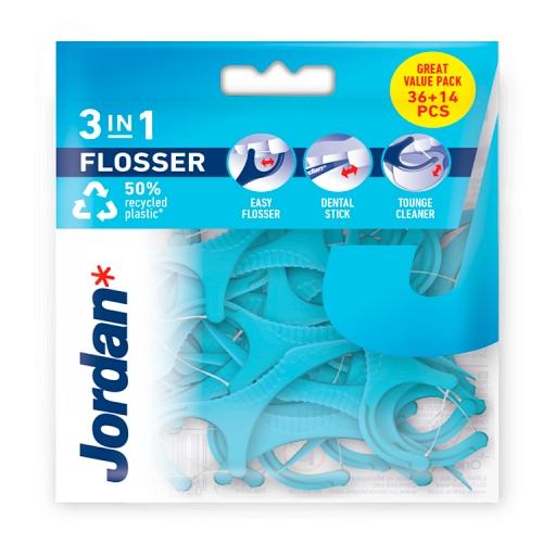 Miniaturka artykułu - Jordan Flosser 3w1 Nić, wykałaczka i czyścić do języka, 50 szt. (36 + 14)