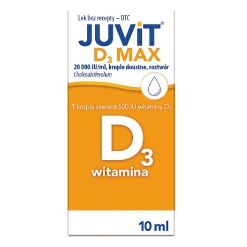 Miniaturka artykułu - JUVIT D3 MAX 20 000 j.m. - Lek z witaminą D3 w kroplach dla dorosłych, młodzieży, dzieci, niemowląt i noworodk&oacute;w, 10ml