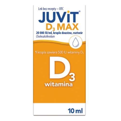 Miniaturka artykułu - JUVIT D3 MAX 20 000 j.m. - Lek z witaminą D3 w kroplach dla dorosłych, młodzieży, dzieci, niemowląt i noworodk&oacute;w, 10ml USZKODZONE TEKTUROWE OPAKOWA.