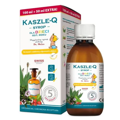 Miniaturka artykułu - KASZLE-Q Syrop ziołowy dla dzieci, 150ml KR&Oacute;TKA DATA 31.10.2026