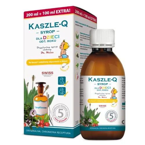 Miniaturka artykułu - KASZLE-Q Syrop ziołowy dla dzieci, 300ml KR&Oacute;TKA DATA 01.11.2026