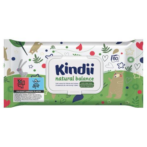 Miniaturka artykułu - Kindii Natural Balance Chusteczki dla niemowląt i dzieci, 60 sztuk