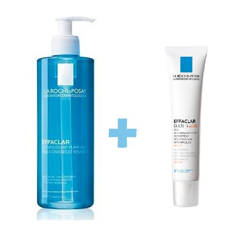 Miniaturka artykułu - LA ROCHE-POSAY EFFACLAR Zestaw Żel do mycia twarzy, 400ml + Krem DUO+SPF 30, 40ml