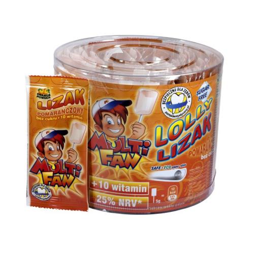 Miniaturka artykułu - MULTI FAN LOLLY Lizak o smaku pomarańczowym bez cukru, 50 szt.
