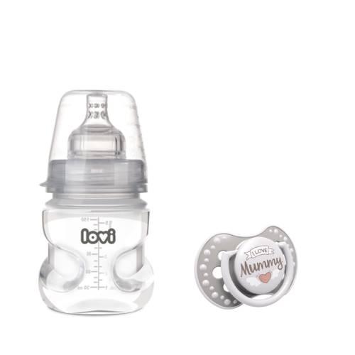 Miniaturka artykułu - LOVI Butelka antykolkowa dla niemowląt, 150ml + smoczek uspokajający 0m+ Mummy