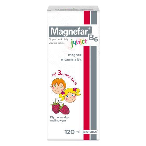 Miniaturka artykułu - Magnefar B6 Junior płyn - 120ml, Uzupełnia niedobory magnezu dla dzieci od 3 roku życia USZKODZONY KARTON
