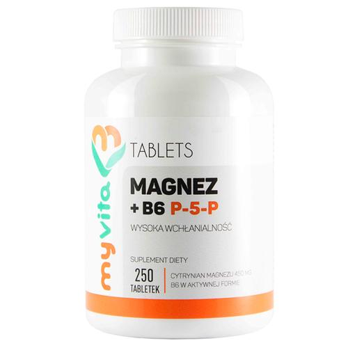 Miniaturka artykułu - MyVita Magnez + B6 P-5-P cytrynian magnezu 450 mg, 250 tabl.