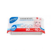 Zdjęcie produktu - AKUKU Jednorazowe chusteczki nawilżane 99% wody 0m+ 70szt.
