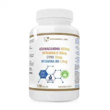 Zdjęcie produktu - Progress Labs Ashwagandha 400 mg Witamina C 80 mg Cynk 15 mg Witamina B6 1,4 mg, 120 tabl.