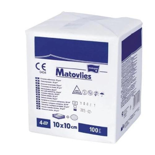 Miniaturka artykułu - MATOVLIES Kompresy z wł&oacute;kniny 30g 4-warstwowe 10x10cm, 100 sztuk USZKODZONE OPAKOWANIE