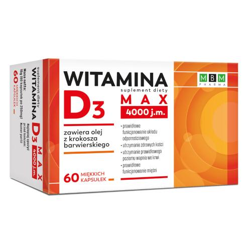 Miniaturka artykułu - MBM Pharma Witamina D3 Max 4000 j.m., 60 kaps.