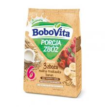 Zdjęcie produktu - BoboVita Porcja zb&oacute;ż Kaszka mleczna 3 zboża malina-truskawka-banan po 6 miesiącu, 210 g KR&Oacute;TKA DATA 15.10.2026
