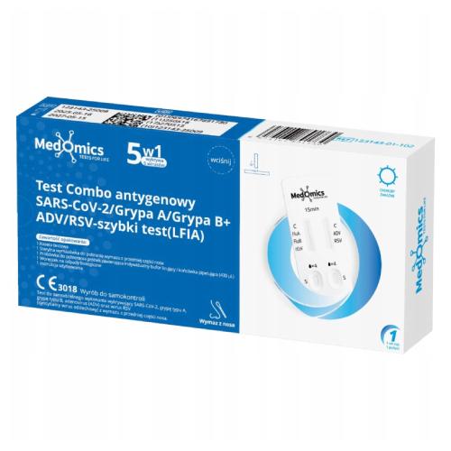 Miniaturka artykułu - MedOmics Test Combo antygenowy 5w1 SARS CoV-2, Grypa A/B, RSV, Adenowirus, 1 szt.
