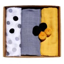 Zdjęcie produktu - EGA KIDS Pieluszki muślinowe Eco Pompony 60x80cm ż&oacute;łto-szare zestaw nr 1 (2546), 3szt.