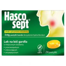 Zdjęcie produktu - Hascosept - lek na b&oacute;l gardła, smak cytrynowo-miodowy, 24 pastylek