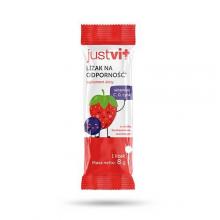 Zdjęcie produktu - JUSTVIT Lizak na odporność o smaku truskawkowo-aroniowym, 1 szt. KR&Oacute;TKA DATA 30.09.2026