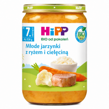 Zdjęcie produktu - HiPP Młode jarzynki z ryżem i cielęciną BIO, 220 g 