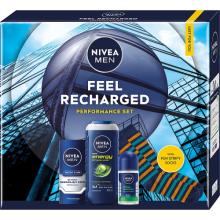 Zdjęcie produktu - Nivea Men Feel Recharged Zestaw kosmetyk&oacute;w dla mężczyzn Nawilżający krem do twarzy, 75 ml + Żel prysznic, 250 ml + Antyperspirant Roll-On, 50 ml + Skarpetki męskie, 1 para