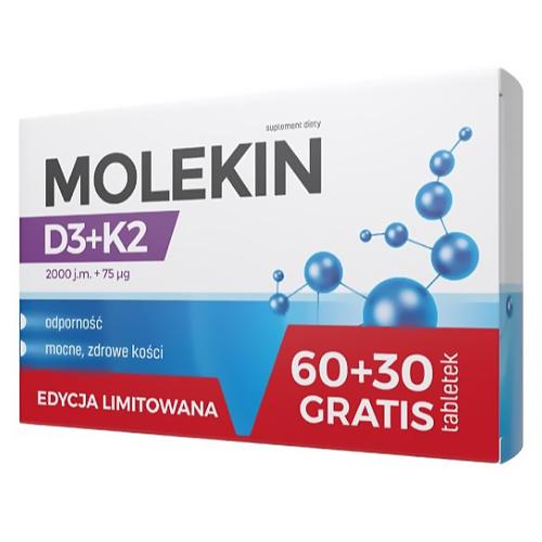 Miniaturka artykułu - Molekin D3+K2 2000 j.m. + 75 &micro;g, 60+30 tabl.