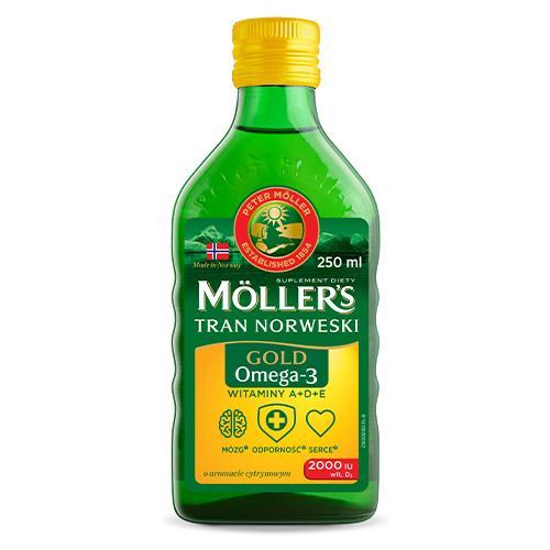 Miniaturka artykułu - Mollers Gold Tran Norweski płyn o aromacie cytrynowym, 250 ml USZKODZONA / ZALANA ETYKIETA