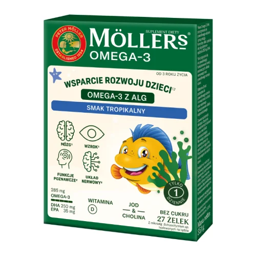 Miniaturka artykułu - Moller's Omega-3 z alg Żelki dla dzieci o smaku tropikalnym, 27 szt.