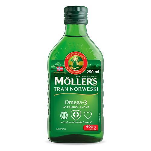 Miniaturka artykułu - Mollers Tran Norweski w płynie o aromacie naturalnym, 250 ml USZKODZONE/ ZALANA ETYKIETA