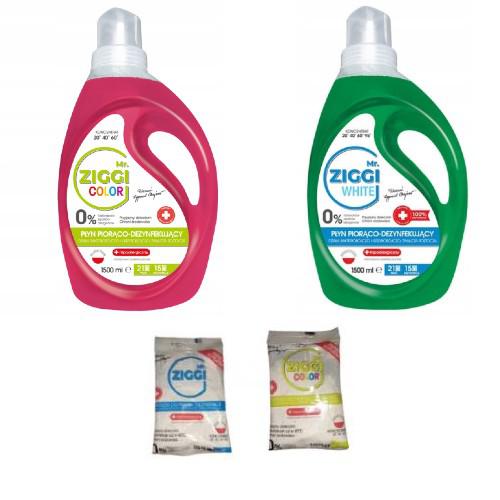Miniaturka artykułu - MR. ZIGGI Zestaw Płyn piorąco- dezynfekujący COLOR, 1,5l + WHITE, 1,5l + Proszek do prania i dezynfekcji COLOR, 100g + proszek WHITE, 100g