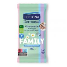 Zdjęcie produktu - SEPTONA Dermasoft Family Nawilżane chusteczki z rumiankiem, 12szt. KR&Oacute;TKA DATA 31.08.2026