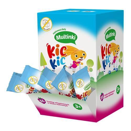 Miniaturka artykułu - Multinki Kic Kic lizak witaminowy o smaku malinowym, 55 szt USZKODZONE OPAKOWANIE