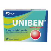 Zdjęcie produktu - Uniben 3 mg smak miętowy, 20 pastylek do ssania - lek na b&oacute;l gardła