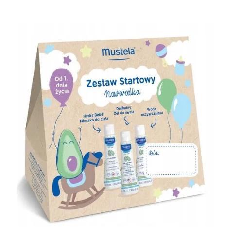Miniaturka artykułu - MUSTELA Zestaw Startowy dla noworodka (Delikatny żel do mycia, 100ml + Woda oczyszczająca bez spłukiwania, 100ml + Mleczko do ciała, 100ml) KR&Oacute;TKA DATA 30.09.2026