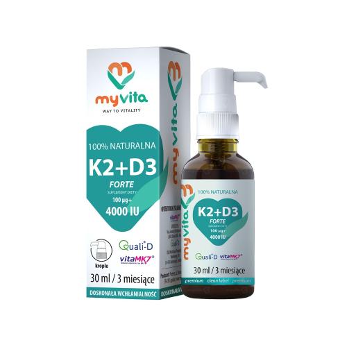 Miniaturka artykułu - MyVita 100% Naturalna Witamina K2 + D3 Forte krople, 30ml