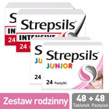 Zestaw 2x Strepsils Intensive, 24tabletki + 2x Strepsils Junior truskawka, 24pastylki