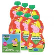 Zestaw BoboVita Świnka Peppa Mus morele z jabłkiem i gruszką 6m+, 6 x 100 g + Gra Memory "Odkryj zawody z Peppą"
