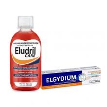 Zestaw ELGYDIUM Przeciwpr&oacute;chnicowa pasta do zęb&oacute;w, 75 ml + Eludril CARE płyn do płukania jamy ustnej, 500 ml