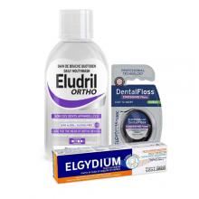 Zestaw ELGYDIUM Przeciwpr&oacute;chnicowa pasta do zęb&oacute;w, 75 ml + Eludril ORTHO Płyn do płukania jamy ustnej, 500 ml + ELGYDIUM Dental Floss Nić dentystyczna, 30 odcink&oacute;w