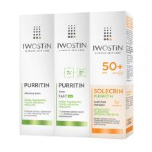 Zestaw Iwostin Purritin: Aktywny krem, 40ml + Krem Fast AZG, 40ml + Solecrin Purritin Lekki fluid matujący SPF 50+, 40ml