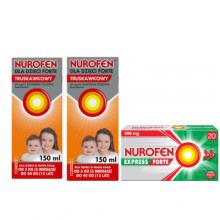 Zestaw Nurofen dla dzieci Forte truskawkowy, 2x 150ml + Nurofen Express Forte, 20 kapsułek