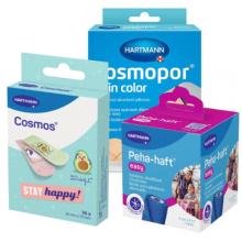 Zestaw rodzinny - Cosmopor skin color 10cm x 8cm Opatrunek jałowy na ranę, 5szt. + HARTMANN Cosmos Mr Wonderful plastry, 16 szt. + Hartmann Peha-haft Color Opaska podtrzymująca 6cm x 4m, 1szt.