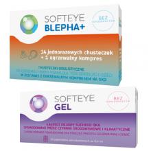 Zestaw SOFTEYE BLEPHA+ Chusteczki okulistyczne do higieny powiek (14 szt.) + ogrzewalny kompres + Softeye Gel żel do oczu, 20 pojemniczk&oacute;w x 0,4ml