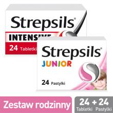 Zestaw Strepsils Intensive, 24tabletki + Strepsils Junior truskawka, 24pastylki